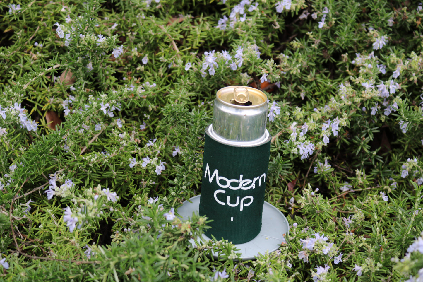 A can with a dark green sleeve labeled "Modern Cup"