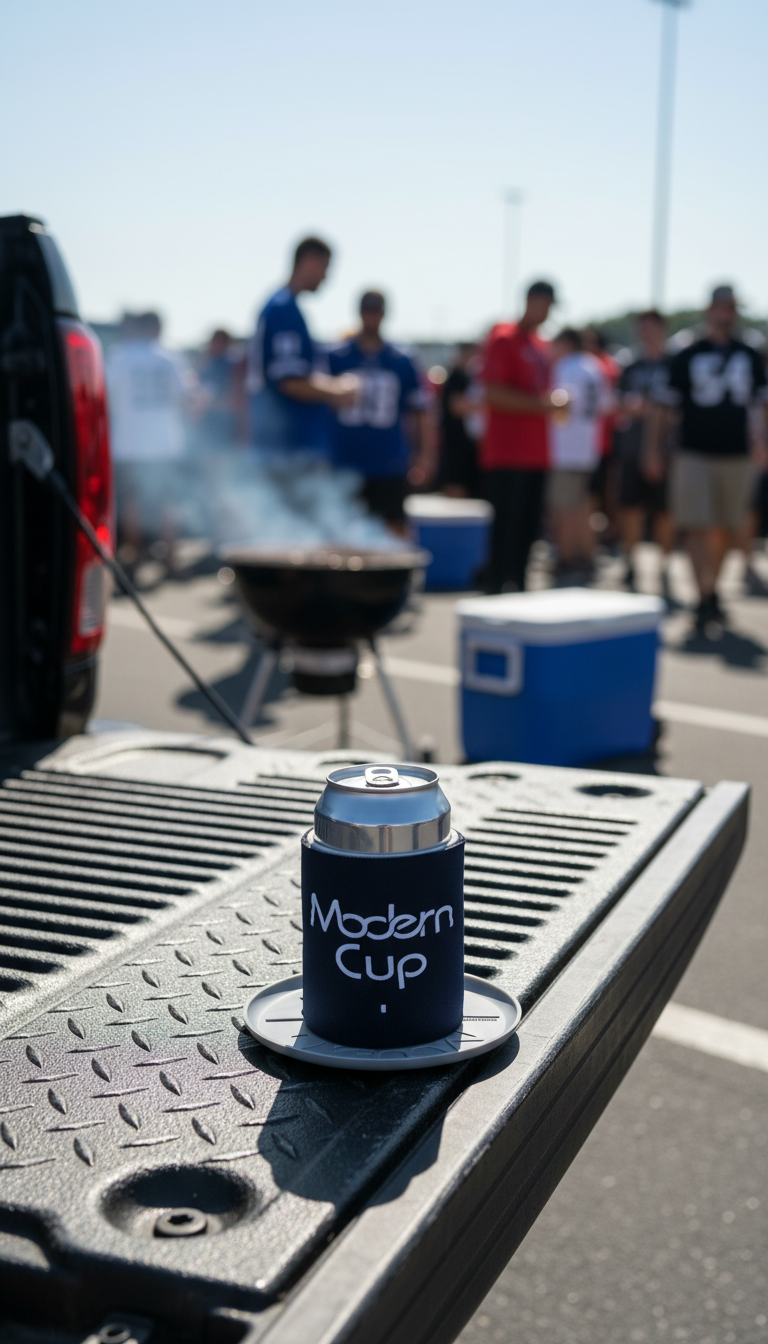 A tailgating scene: a can in a black koozie on the bed of a pickup truck